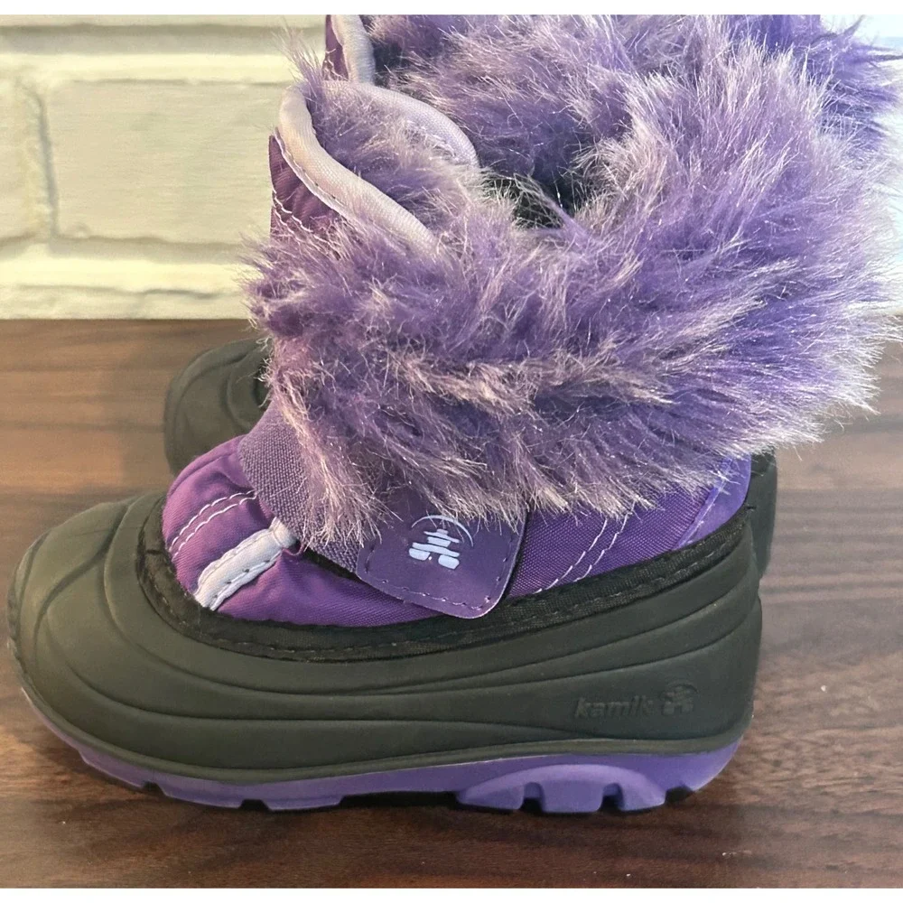 Kamik Toddler Girls Purple Black Faux Fur Trim Winter Snow Boots Sz. 7 Insulated
